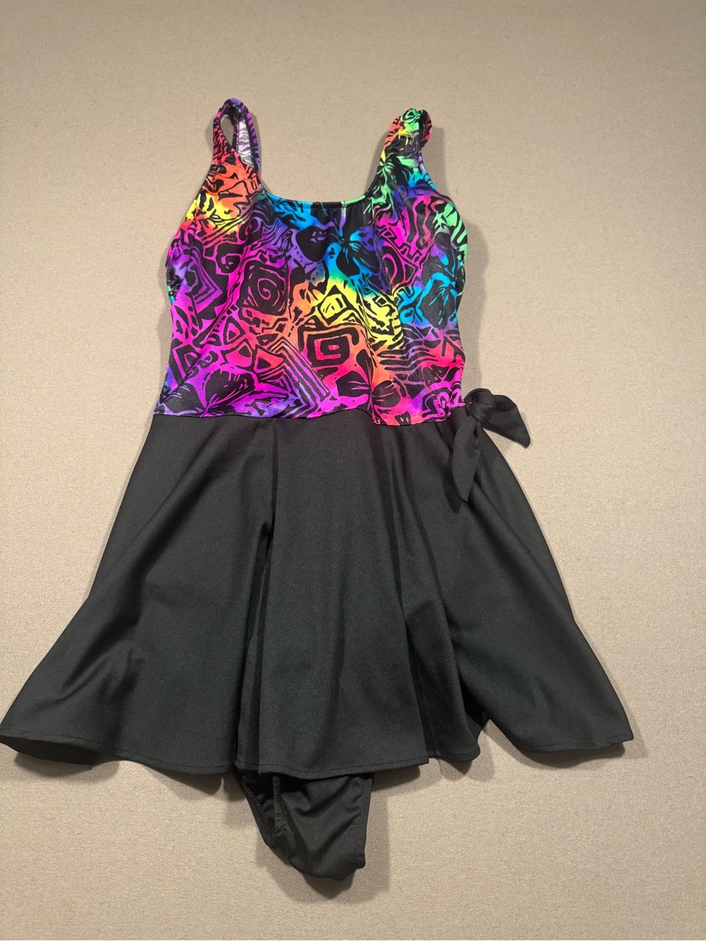 Black Skirted One-Piece Swimsuit with Rainbow Abstract Top 13/14 Sca Fair